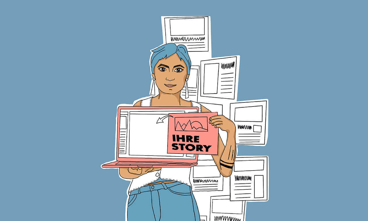 Illustration of a woman holding a laptop and a story sheet in her hands.